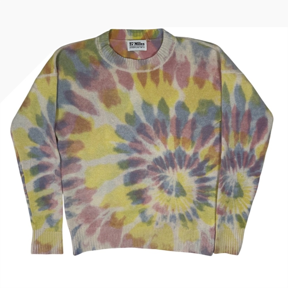 27 MILES 100% Cashmere Sweater, Tie Dye Crewneck Sweater Multicolor, Size Medium
